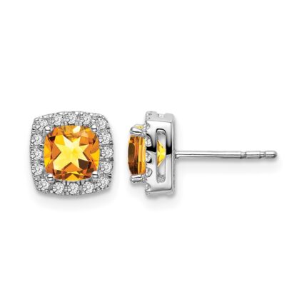 14k White Gold Cushion Citrine and Diamond Halo Earrings
