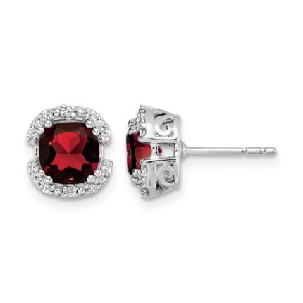 14k White Gold Cushion Garnet and Diamond Halo Earrings