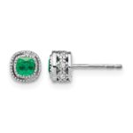 14k White Gold 3.4mm Cushion Emerald and Diamond Post Earrings