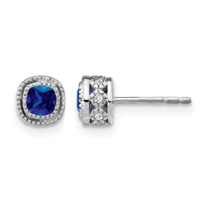 10k White Gold Cushion Sapphire and Diamond Earrings