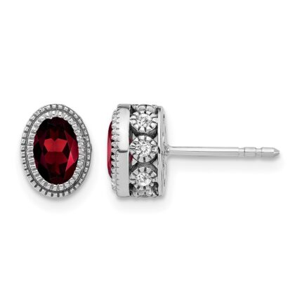 14k White Gold Oval Garnet and Diamond Earrings