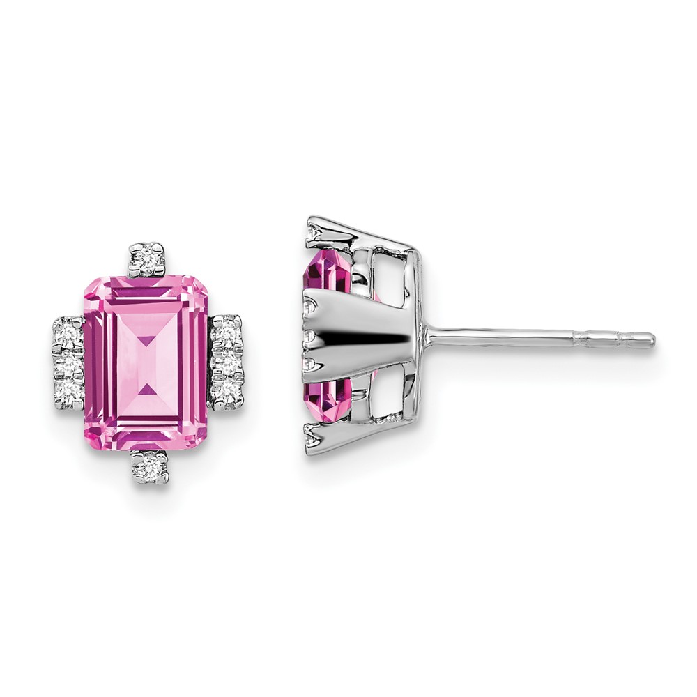 EM7106-CPS-008-WA.jpg 14k White Gold 7x5mm Emerald-cut Lab Created Pink Sapphire and Diamond Post Earrings - Image 1