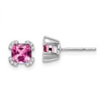 14k White Gold 5.5mm Cushion Lab Created Pink Sapphire and Diamond Post Earrings