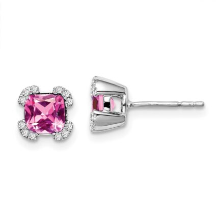 14k White Gold 5.5mm Cushion Lab Created Pink Sapphire and Diamond Post Earrings