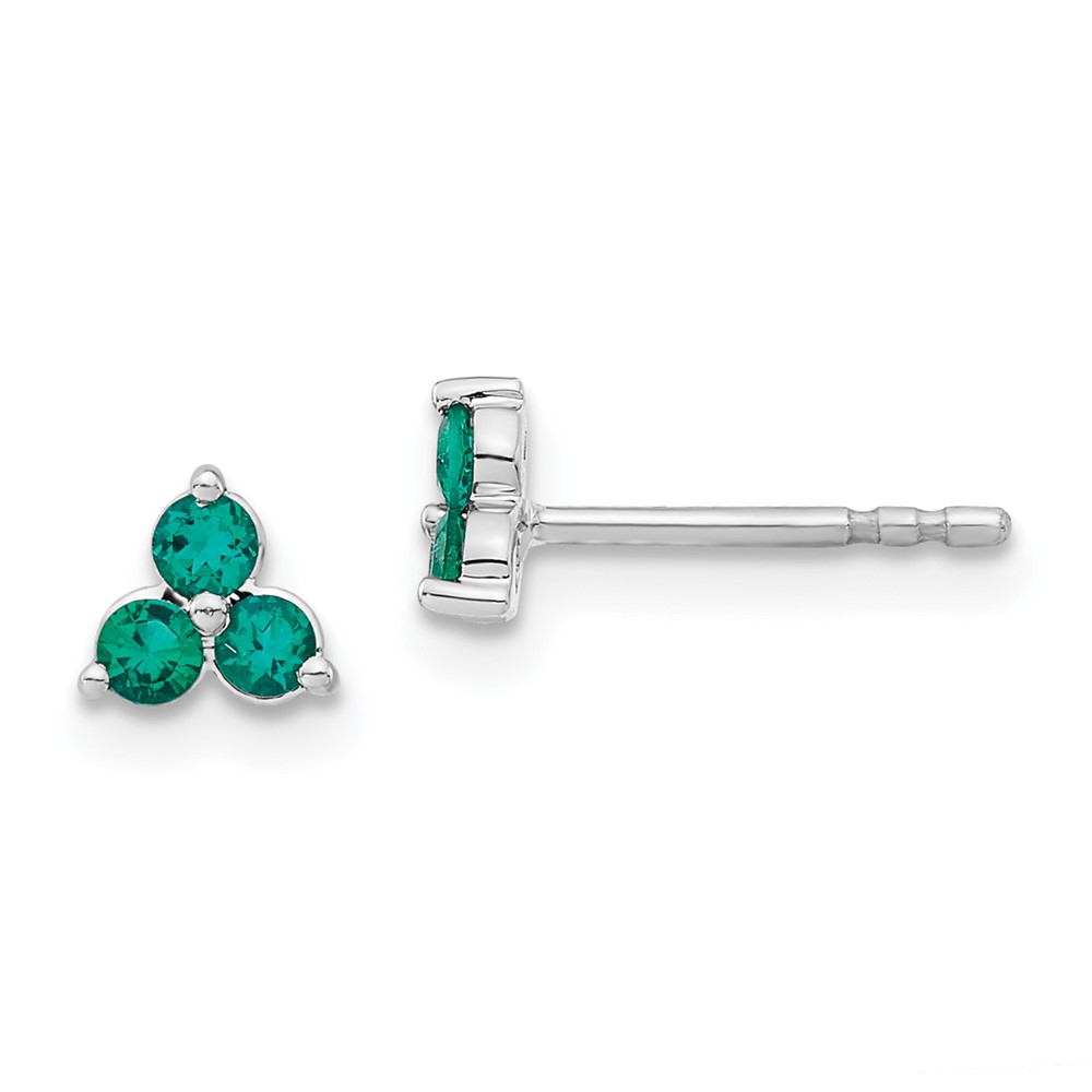 EM7119-EM-W.jpg 14k White Gold 3-stone Lab Created Emerald Triangle Post Earrings - Image 1