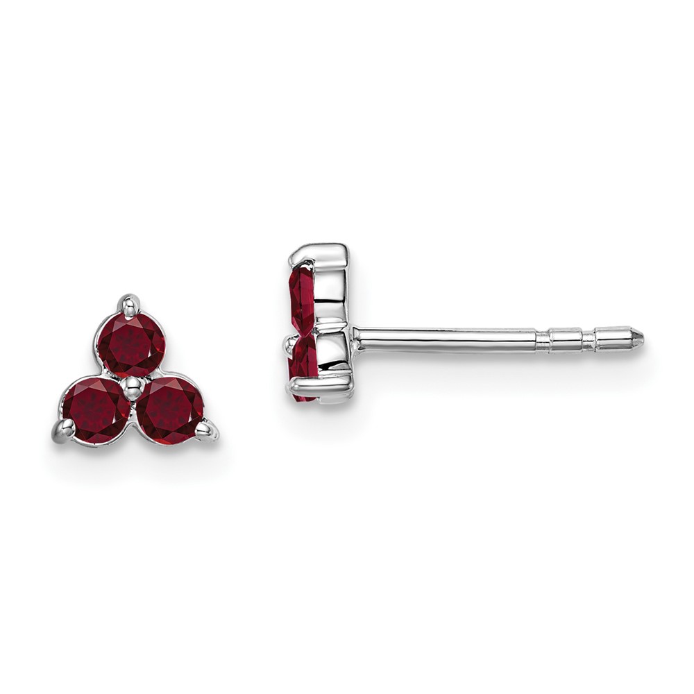 EM7119-RU-W.jpg 14k White Gold 3-stone Lab Created Ruby Triangle Post Earrings - Image 1