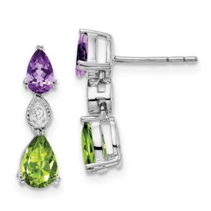 14k White Gold Amethyst/Peridot/Diamond Earrings