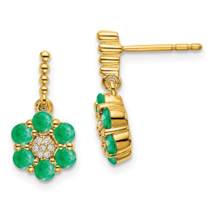 14k Polished Emerald and Diamond Floral Dangle Post Earrings