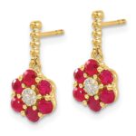 14k Polished Ruby and Diamond Floral Dangle Post Earrings - Image 2