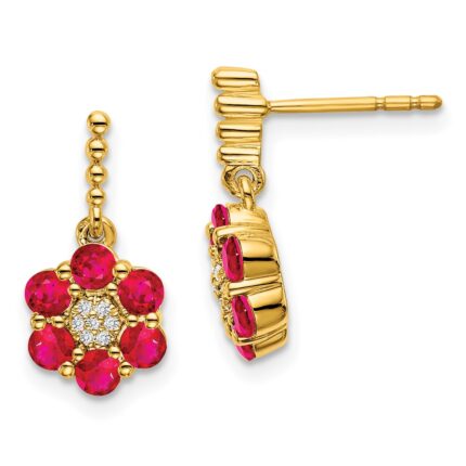 14k Polished Ruby and Diamond Floral Dangle Post Earrings
