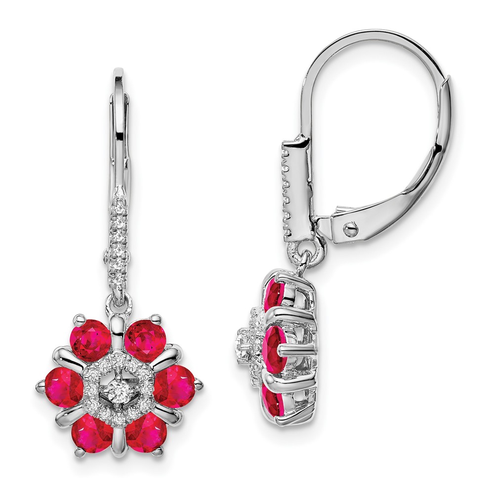EM7192-RU-014-WA.jpg 14k White Gold Ruby and Diamond Floral Leverback Earrings - Image 1