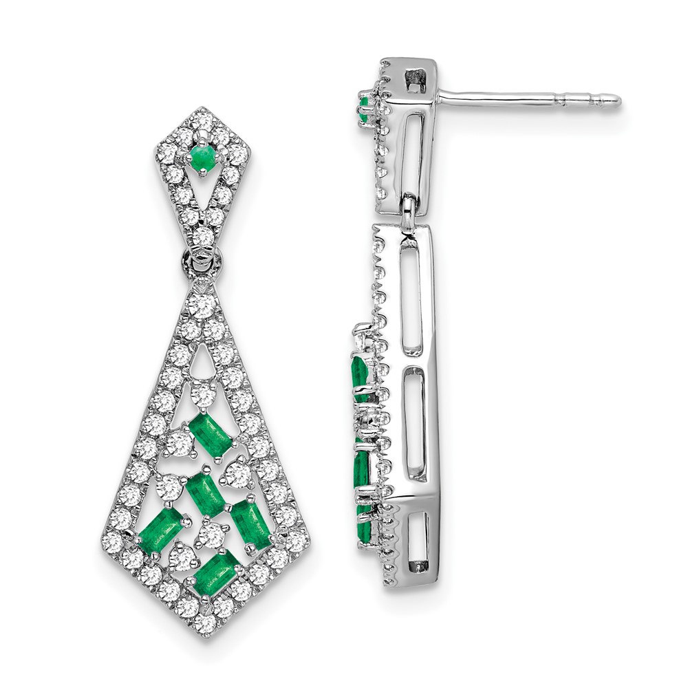 EM7194-EM-060-WA.jpg 14k White Gold Baguette Emerald and Diamond Kite Dangle Post Earrings - Image 1