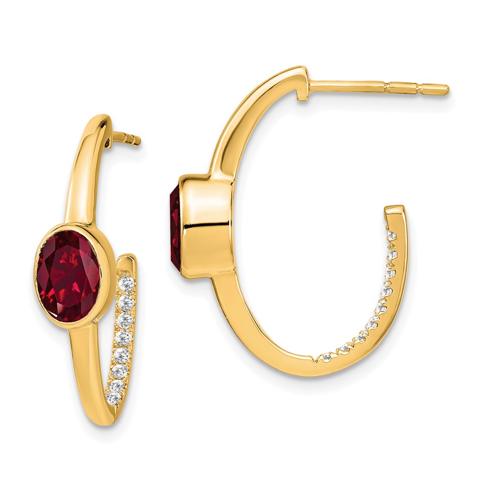 EM7214-RU-018-YA.jpg 14k 7x5mm Oval Lab Created Ruby and Diamond J-Hoop Post Earrings - Image 1