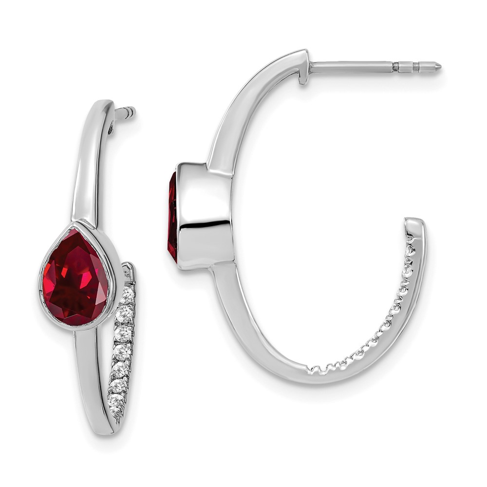 EM7215-RU-018-WA.jpg 14k White Gold 7x5mm Pear Lab Created Ruby and Diamond J-Hoop Post Earrings - Image 1