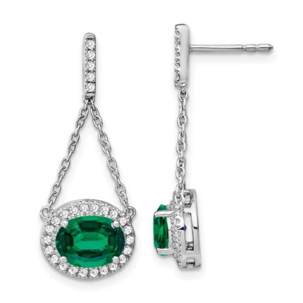 14k White Gold 8x6mm Oval Lab Created Emerald and Diamond Chain Dangle Post Earrings