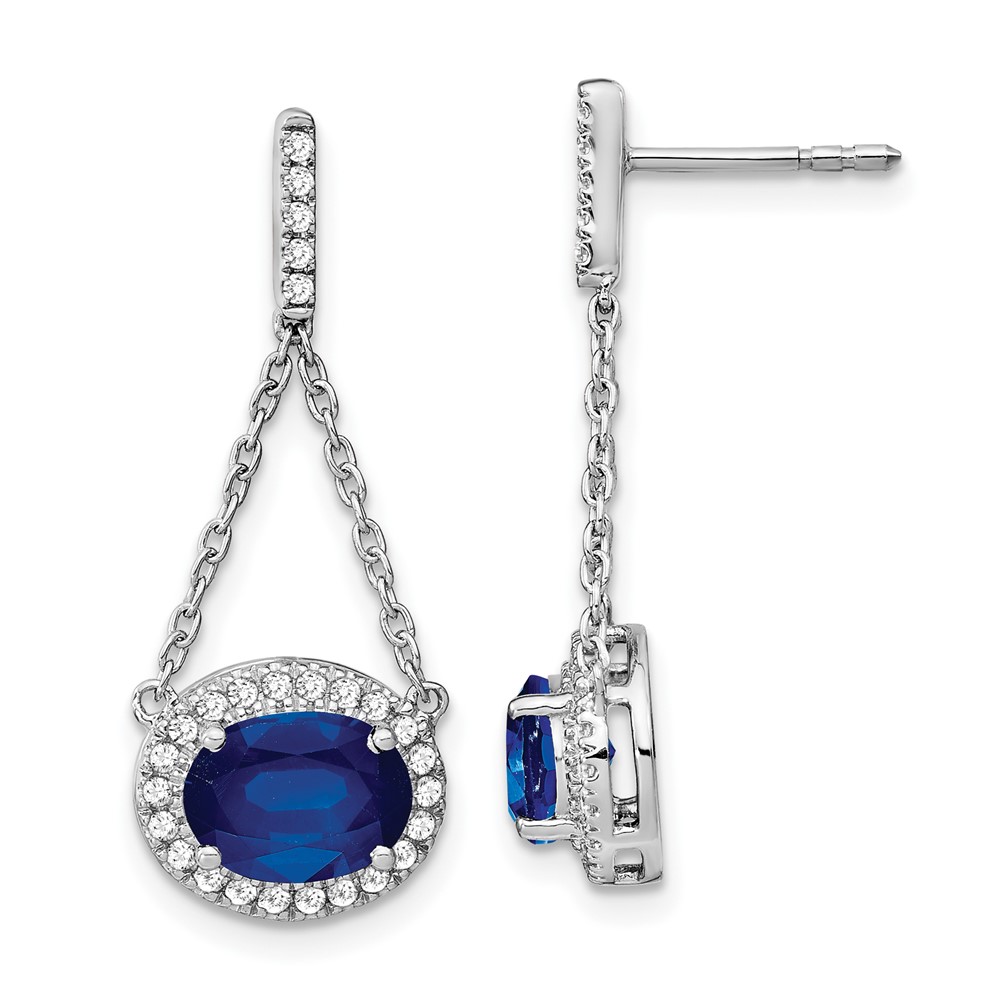 EM7228-SA-033-WA.jpg 14k White Gold 8x6mm Oval Lab Created Sapphire and Diamond Chain Dangle Post Earrings - Image 1