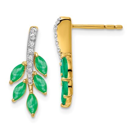 14k Emerald and Diamond Leaf Post Earrings