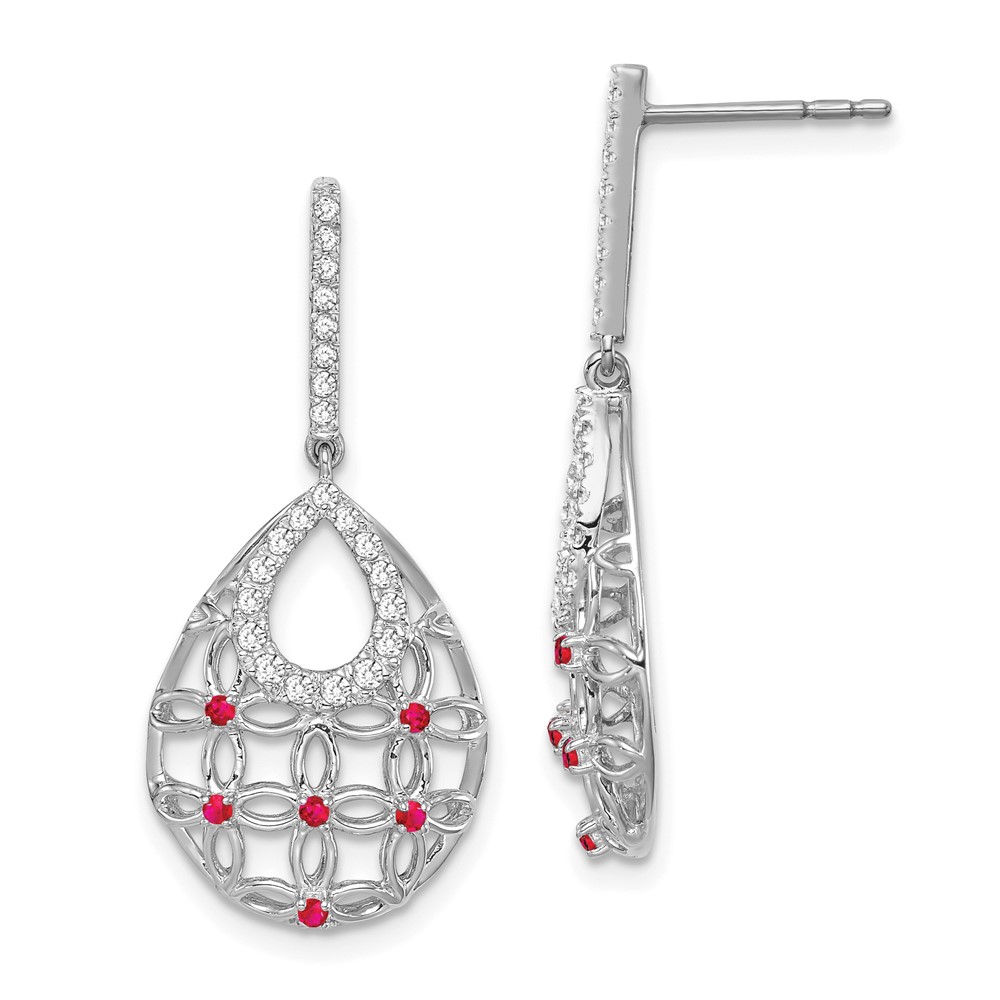 EM7251-RU-033-WA.jpg 14k White Gold Ruby and Diamond Filigree Teardrop Dangle Post Earrings - Image 1