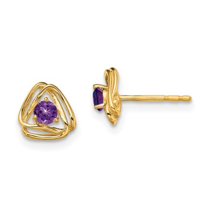 14k 3mm Round February/Amethyst Triangle Post Earrings
