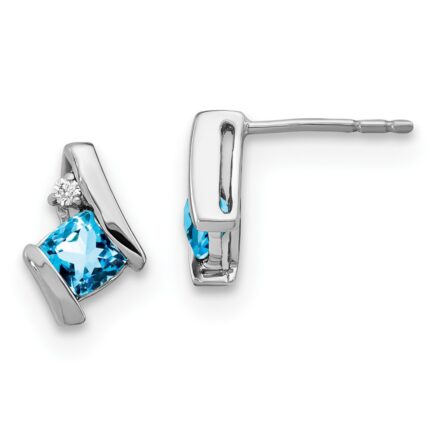 10k White Gold Cushion Blue Topaz and Diamond Earrings