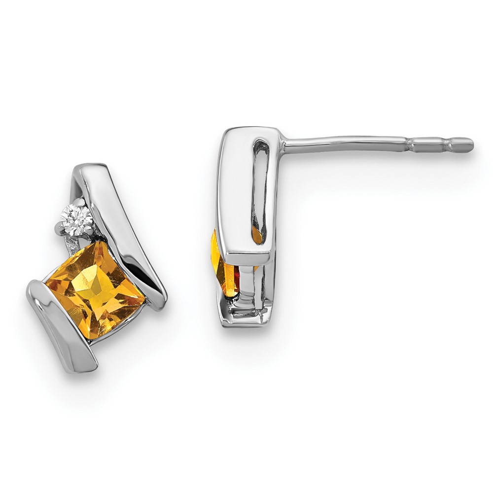 EM7398-CI-003-WA.jpg 14k White Gold 4mm Cushion November/Citrine and Diamond Post Earrings - Image 1