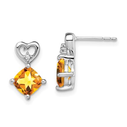 14k White Gold 6mm Cushion November/Citrine and Diamond Heart Post Earrings