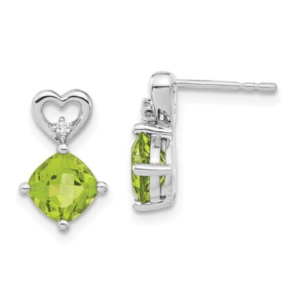 14k White Gold 6mm Cushion August/Peridot and Diamond Heart Post Earrings