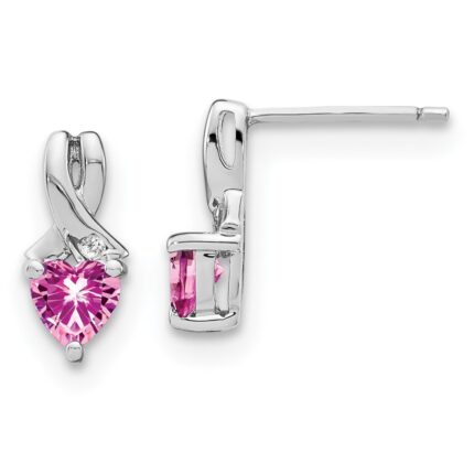Sterling Silver Rhod-plated Created Pink Sapphire/Diamond Earrings