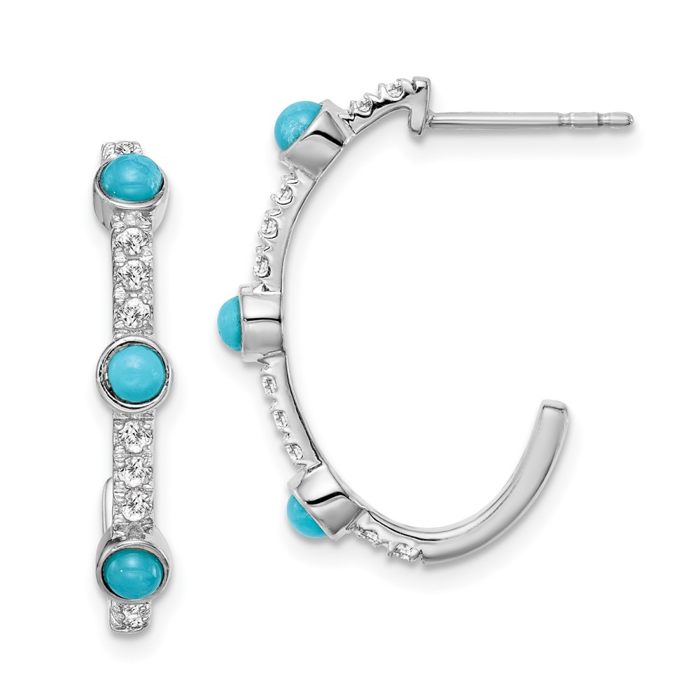 EM7421-BTQ-W.jpg 14k White Gold Turquoise and White Topaz J-hoop Earrings - Image 1