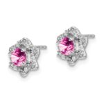 14k White Gold Lab Created Pink Sapphire and Diamond Floral Post Earrings - Image 2