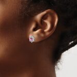 14k White Gold Lab Created Pink Sapphire and Diamond Floral Post Earrings - Image 3