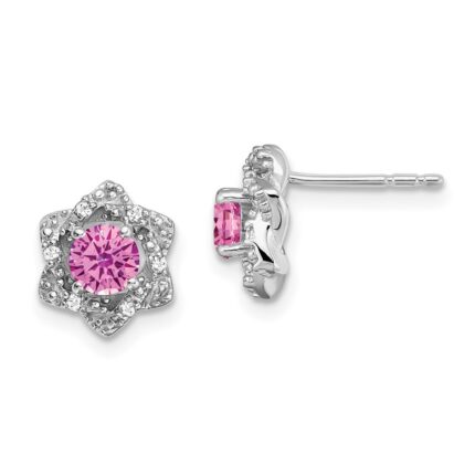 14k White Gold Lab Created Pink Sapphire and Diamond Floral Post Earrings