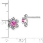 14k White Gold Lab Created Pink Sapphire and Diamond Floral Post Earrings - Image 4