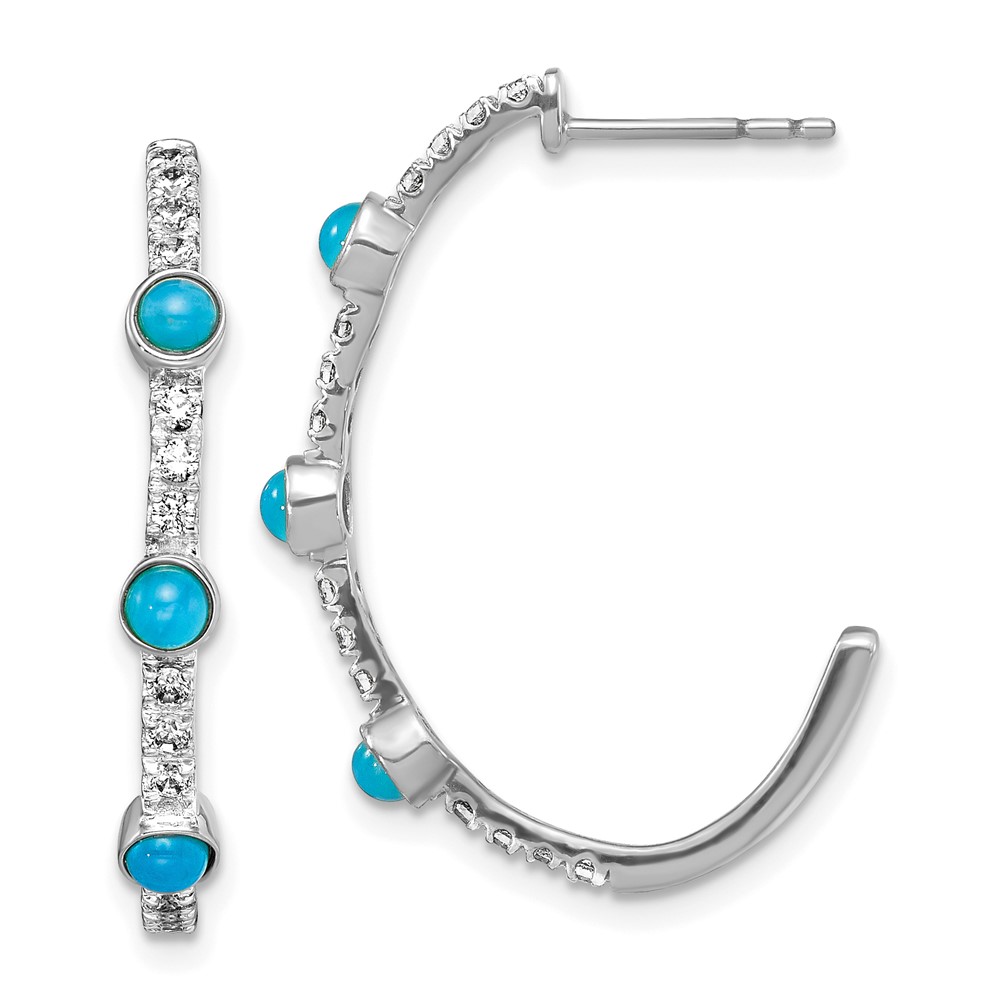 EM7485-BTQ-W.jpg 14k White Gold Turquoise and White Topaz J-hoop Earrings - Image 1