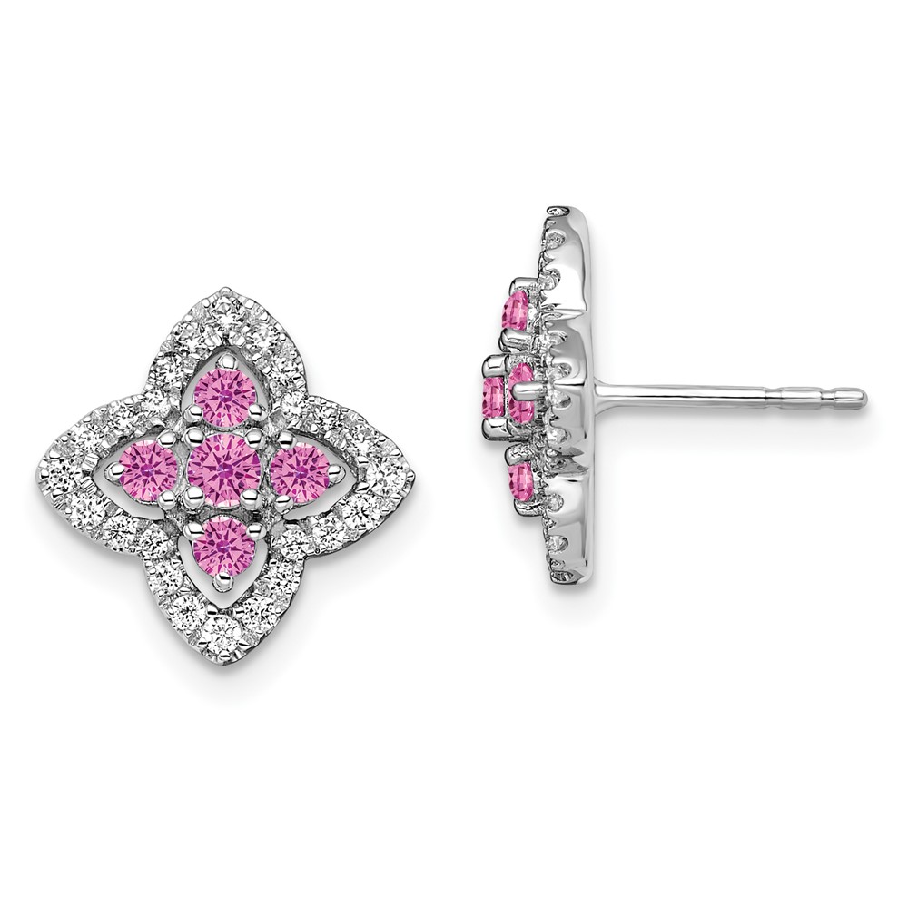EM7511-CPS-035-WAA.jpg 14k White Gold 1/3 carat Lab Grown Diamond VS/SI+ G+ and Lab Created Pink Sapphire Fancy Post Earrings - Image 1