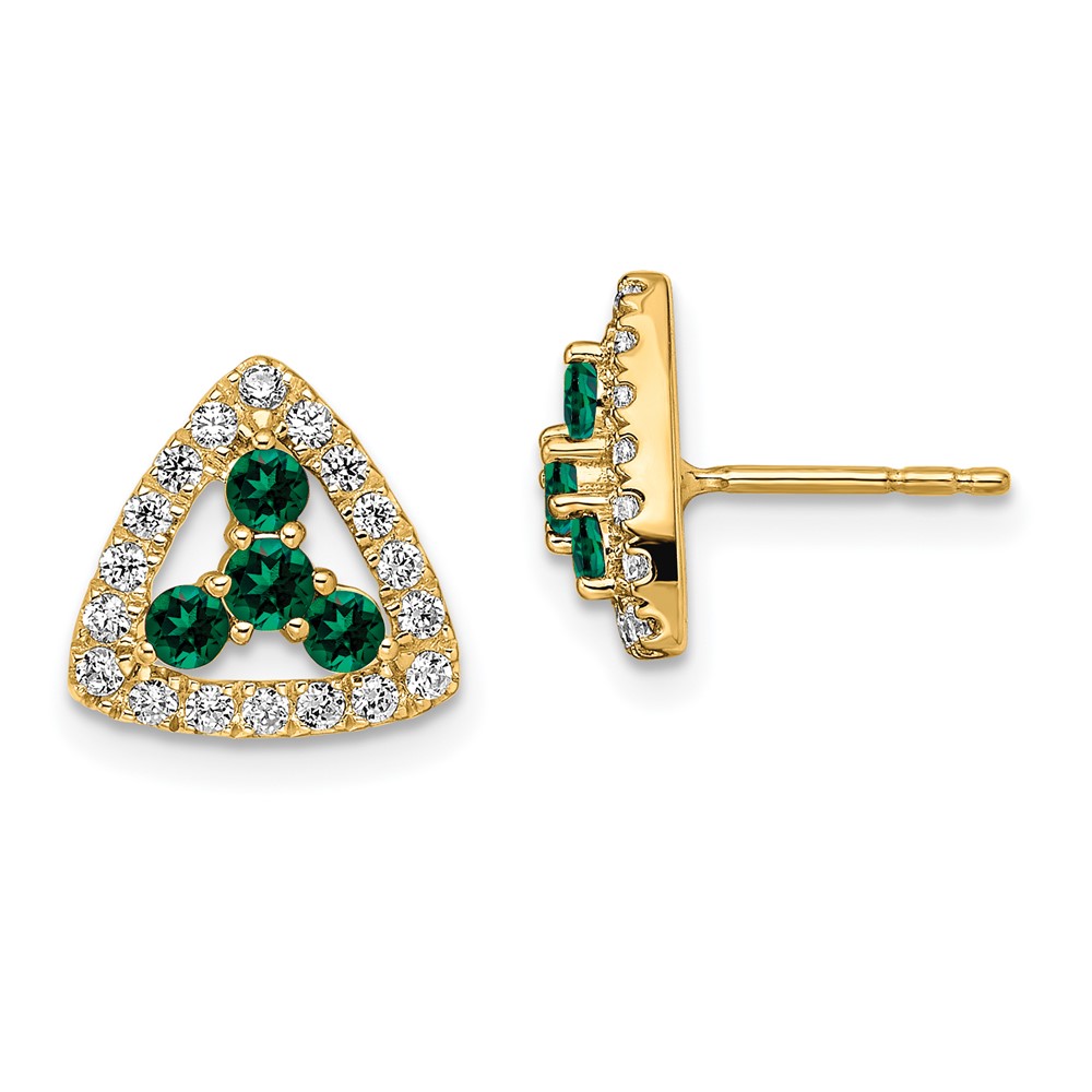 EM7932-CEM-039-YAA.jpg 14k 3/8 carat Lab Grown Diamond VS/SI+ G+ and Created Emerald Complete Triangle Post Earrings - Image 1