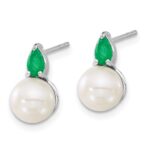 14k White Gold 6-7mm White Round Freshwater Cultured Pearl and .60EM Pear Emerald Post Earrings - Image 2