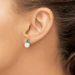 14k White Gold 6-7mm White Round Freshwater Cultured Pearl and .60EM Pear Emerald Post Earrings - Image 3