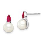14k White Gold 6-7mm White Round Freshwater Cultured Pearl and .60RU Pear Ruby Post Earrings