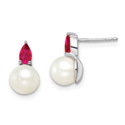 14k White Gold 6-7mm White Round Freshwater Cultured Pearl and .60RU Pear Ruby Post Earrings