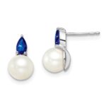 14k White Gold 6-7mm White Round Freshwater Cultured Pearl and .60SA Pear Sapphire Post Earrings