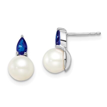 14k White Gold 6-7mm White Round Freshwater Cultured Pearl and .60SA Pear Sapphire Post Earrings