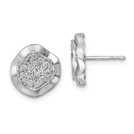 14k White Gold Polished Wavy Circle 5/8 carat Pave Diamond Post Earrings