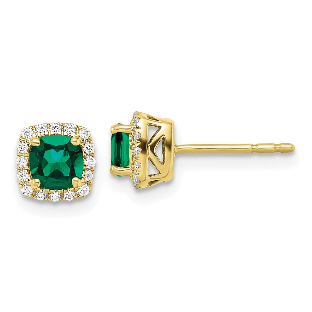 EM8582-CEM-010-0YAA.jpg 10k 1/10 carat Lab Grown Diamond VS/SI+ G+ and Created Emerald Complete Square Halo Post Earrings - Image 1