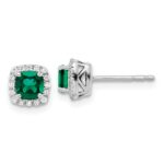 14k White Gold 1/10 carat Lab Grown Diamond VS/SI+ G+ and Created Emerald Complete Square Halo Post Earrings