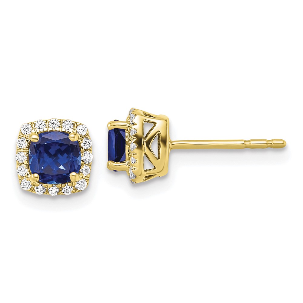 EM8582-CSA-010-0YAA.jpg 10k 1/10 carat Lab Grown Diamond VS/SI+ G+ and Created Sapphire Complete Square Halo Post Earrings - Image 1