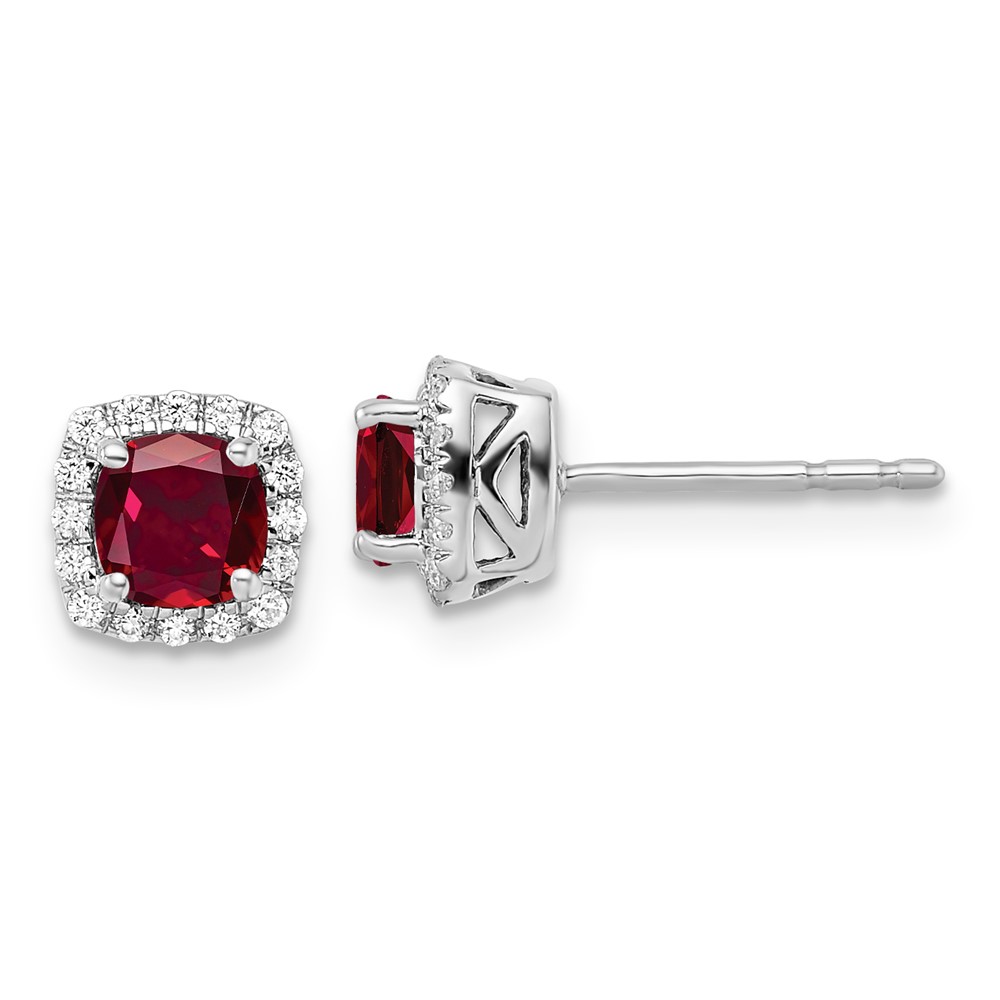 EM8582-RU-010-SSWCZ.jpg 14k 1/10 carat Lab Grown Diamond VS/SI+ G+ and Created Ruby Complete Square Halo Post Earrings - Image 1