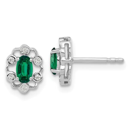 14k White Gold 1/20 carat Lab Grown Diamond VS/SI+ G+ and Oval Created Emerald Complete Halo Post Earrings