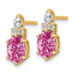 14k Diamond and 7x5 Oval October/Lab Created Pink Sapphire Post Earrings - Image 2