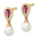 14K White Round Freshwater Cultured Pearl/.09 carat Diamond/Pear Ruby Dangle Post Earrings - Image 2